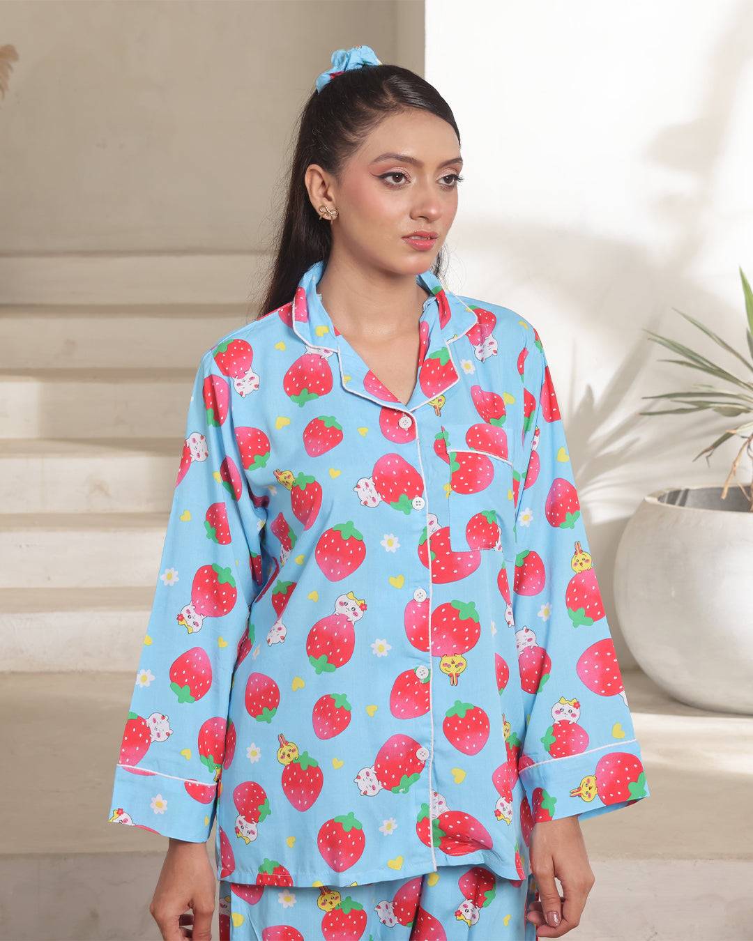 Buy Sajiero Linen Pajama Suit with Scrunchie - Strawberry Dream in Pakistan