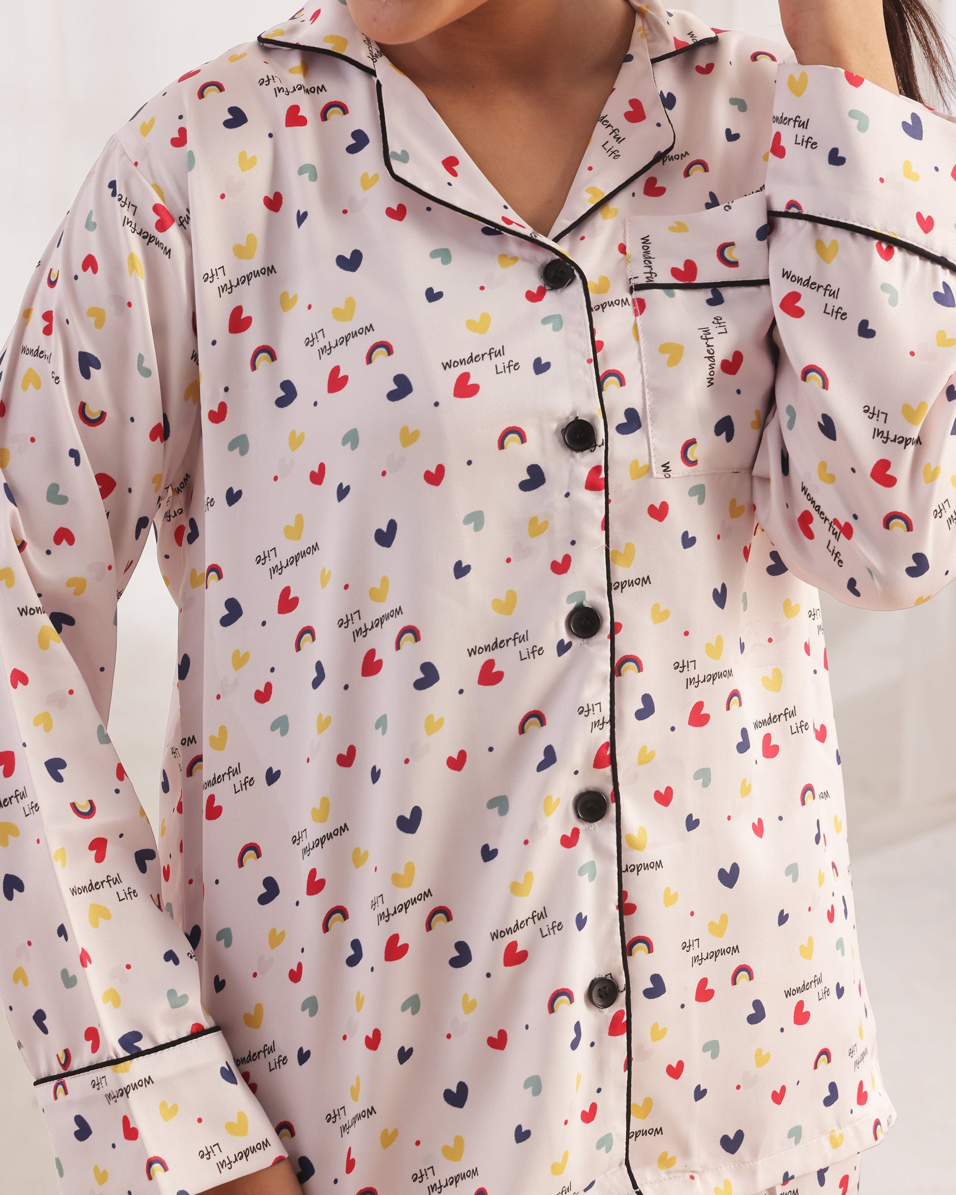 Buy Sajiero Silk Pajama Suit with Scrunchie - Joyful Hearts in Pakistan