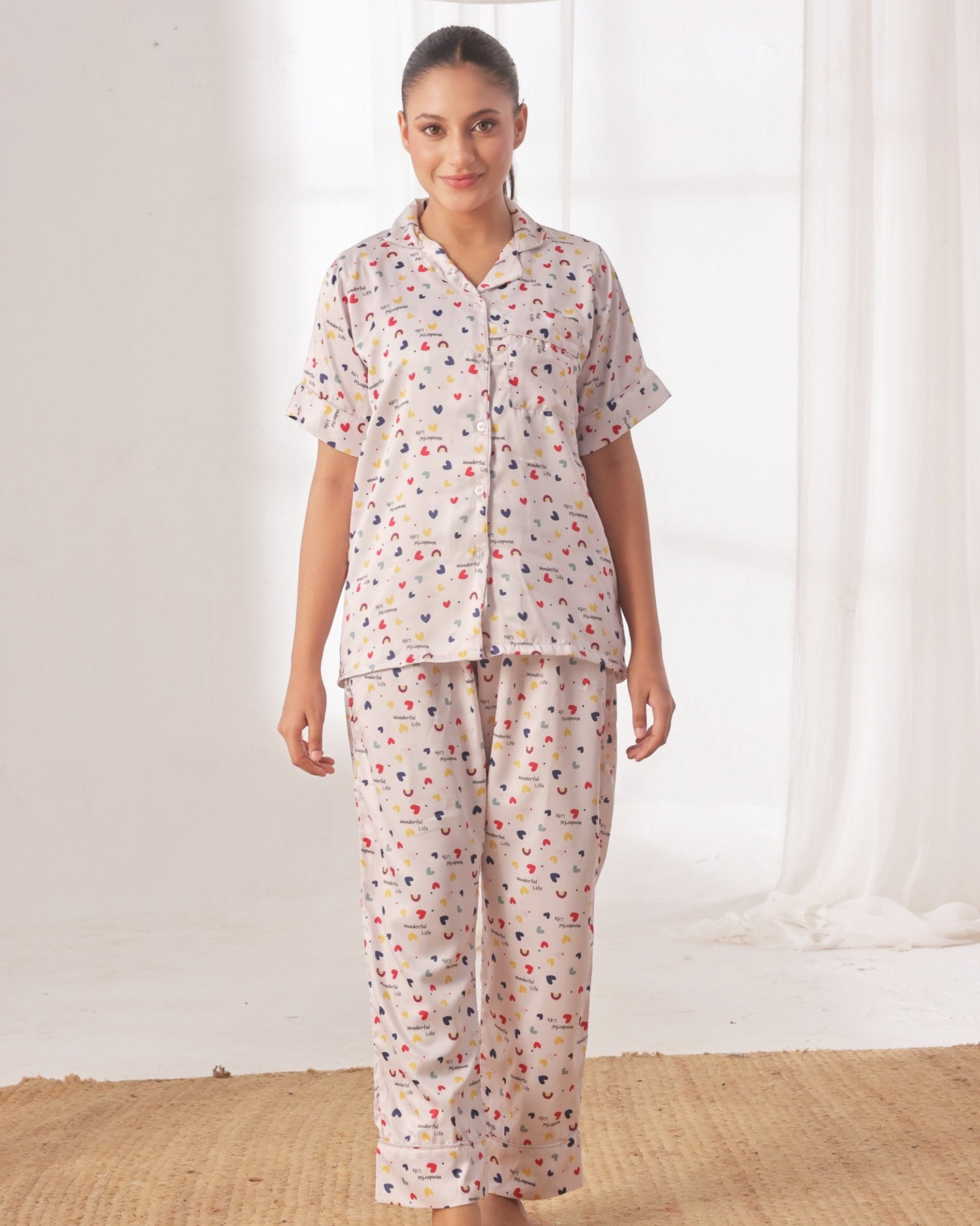 Buy Sajiero Silk Pajama Suit with Scrunchie - Rainbow Bliss in Pakistan