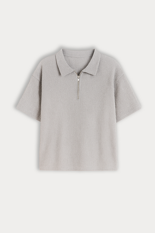 Buy Textured Quarter-Zip Polo Shirt - Ash Grey Knit in Pakistan