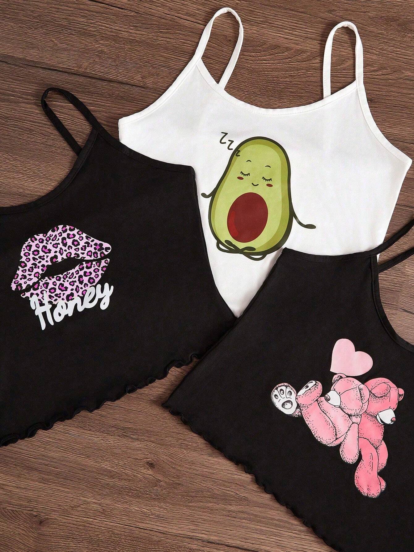 Buy SHEIN 3pcs/Set Cartoon Print Camisole & Shorts Pajama Set in Pakistan
