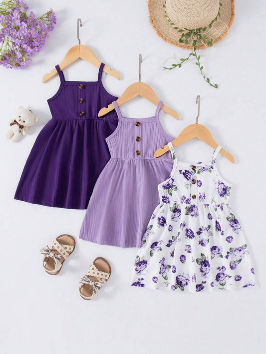 Buy SHEIN 3pcs Baby Girls Floral Print Solid Ribbed Button Camisole Dress Set in Pakistan