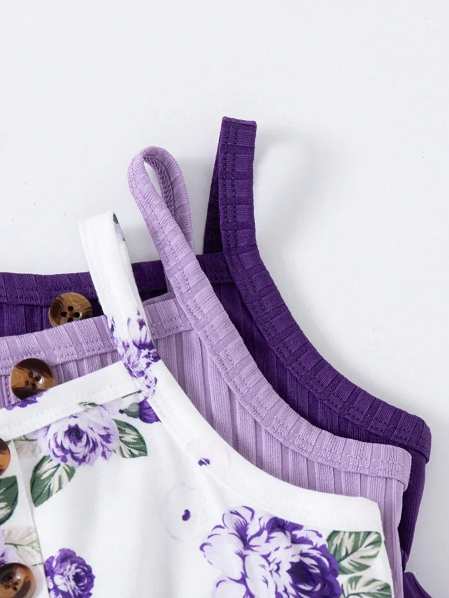 Buy SHEIN 3pcs Baby Girls Floral Print Solid Ribbed Button Camisole Dress Set in Pakistan