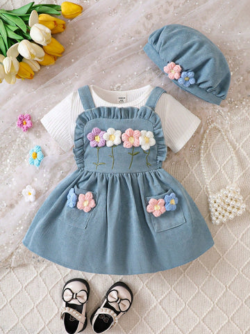 Buy SHEIN 3pcs Baby Girls' Solid Ribbed Texture Short Sleeve T-shirt And Corduroy Dress With 3d Flower Applique And Hat in Pakistan