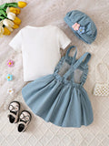 Buy SHEIN 3pcs Baby Girls' Solid Ribbed Texture Short Sleeve T-shirt And Corduroy Dress With 3d Flower Applique And Hat in Pakistan
