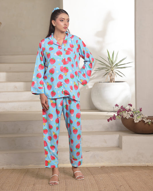 Buy Sajiero Linen Pajama Suit with Scrunchie - Strawberry Dream in Pakistan