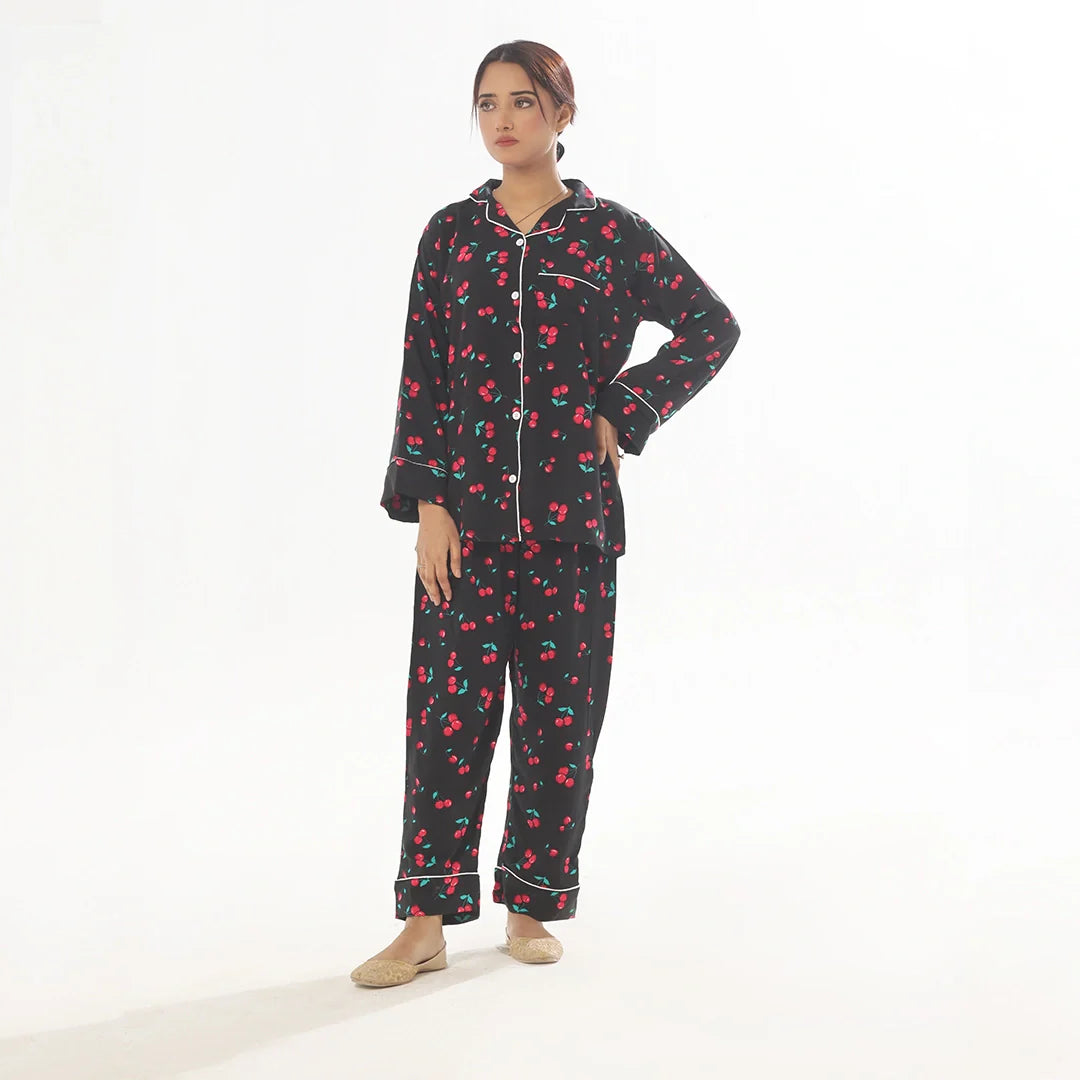 Buy Sajiero Cherry Linen Pajama Suit with Scrunchie in Pakistan