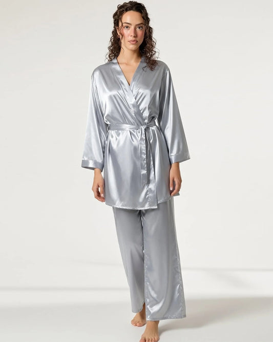 Buy Sajiero Silk PJ Set - Silk Lounge - Silver in Pakistan
