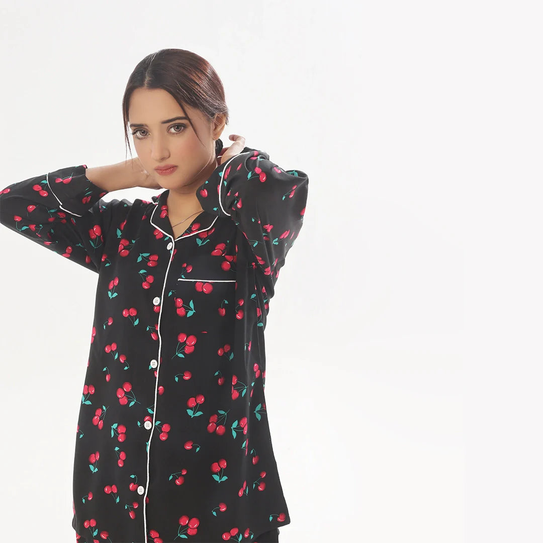 Buy Sajiero Cherry Linen Pajama Suit with Scrunchie in Pakistan