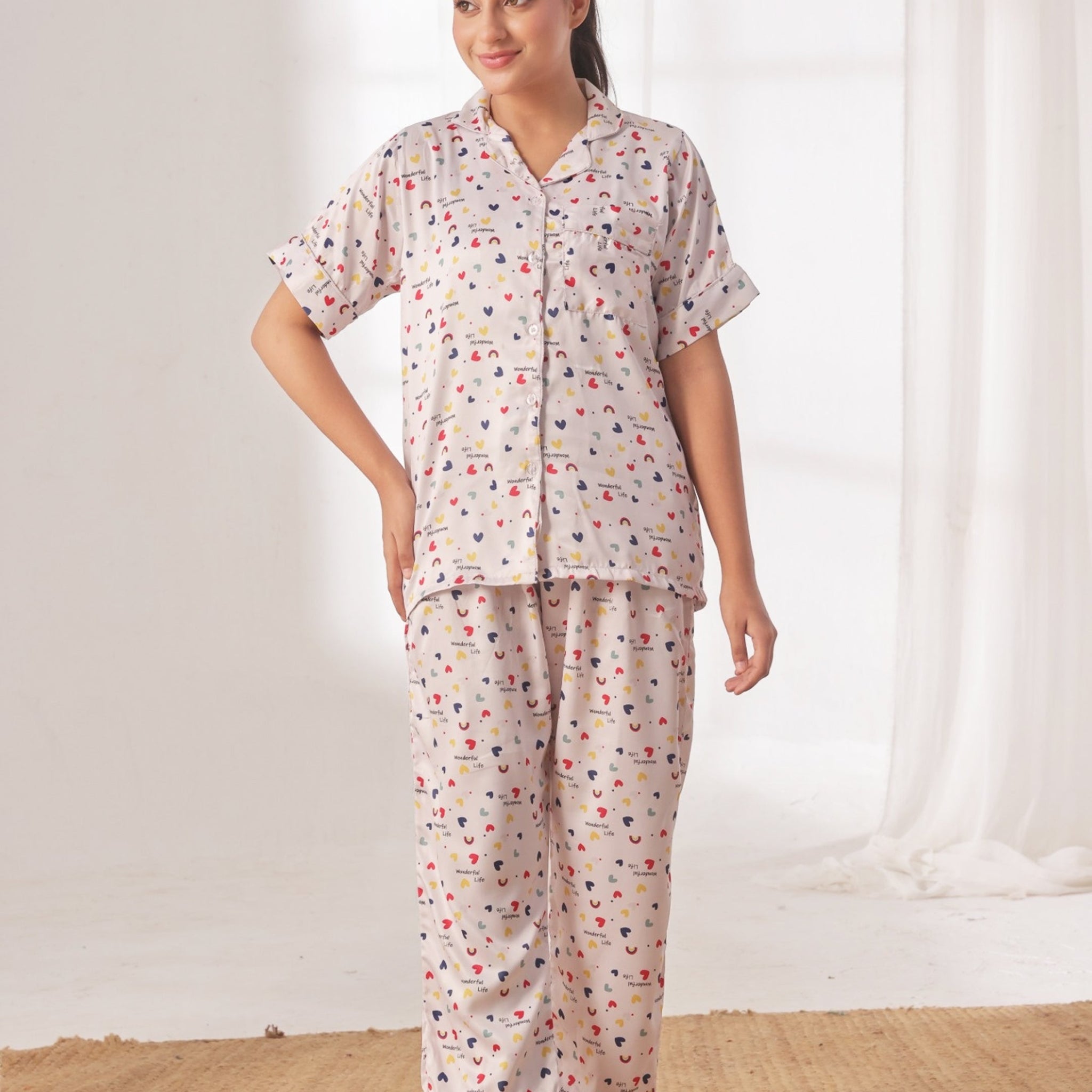 Buy Sajiero Silk Pajama Suit with Scrunchie - Rainbow Bliss in Pakistan