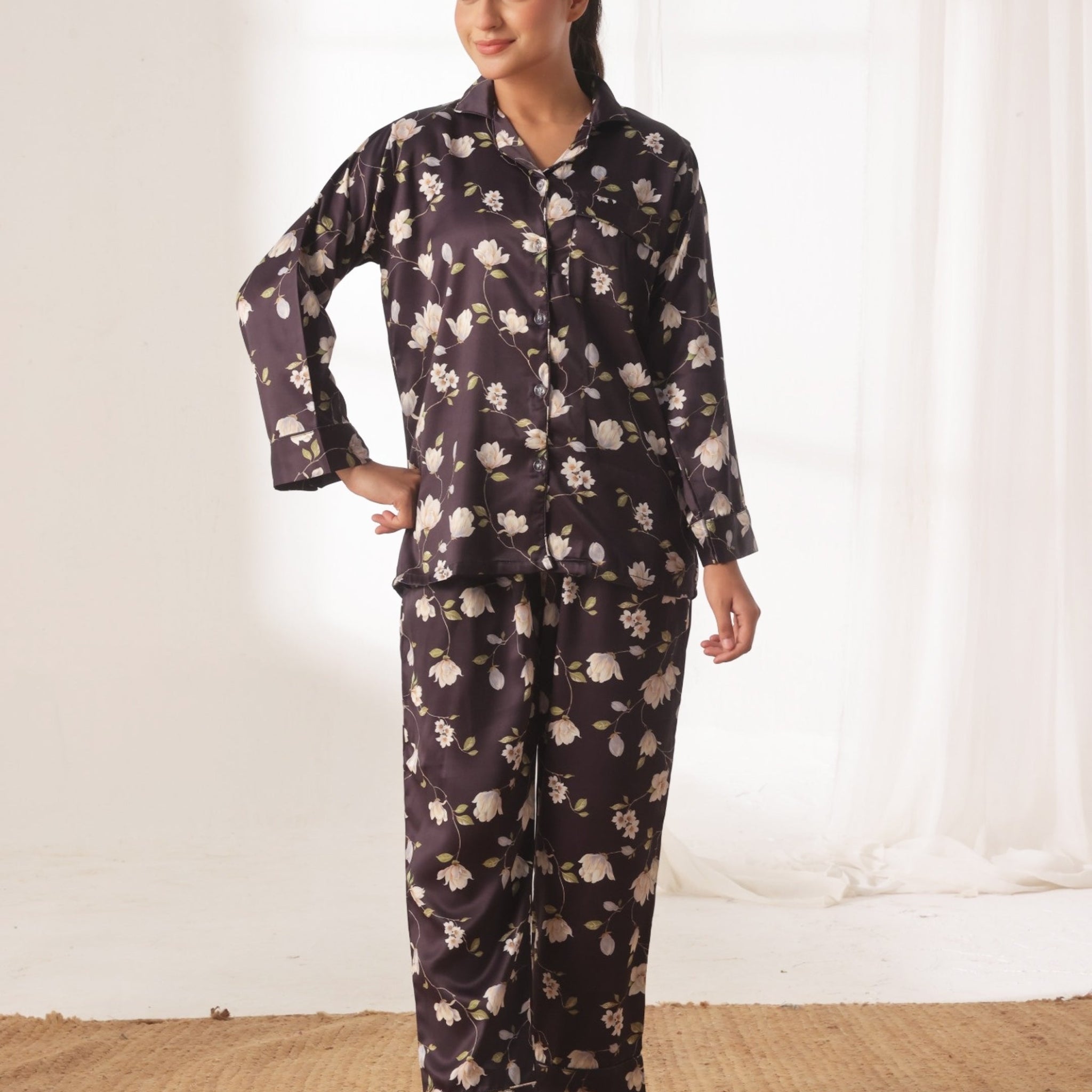 Buy Sajiero Silk Pajama Suit with Scrunchie - Night Blush in Pakistan