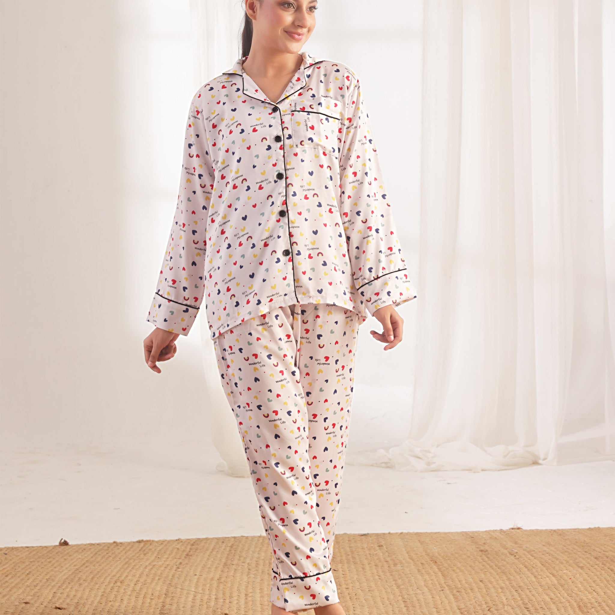 Buy Sajiero Silk Pajama Suit with Scrunchie - Joyful Hearts in Pakistan