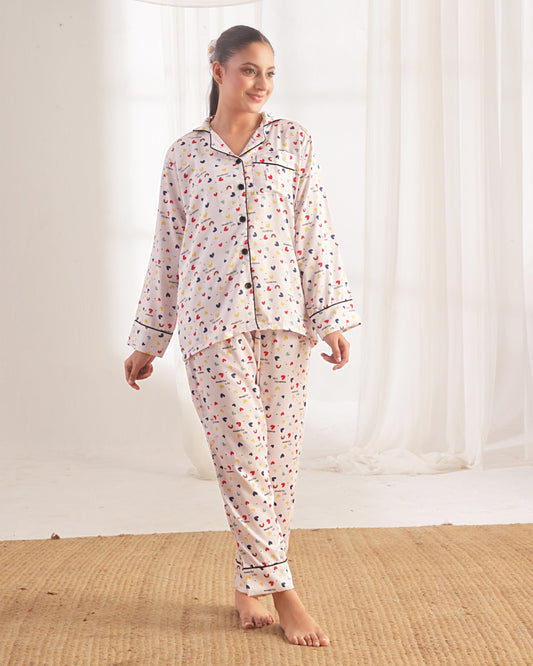 Buy Sajiero Silk Pajama Suit with Scrunchie - Joyful Hearts in Pakistan
