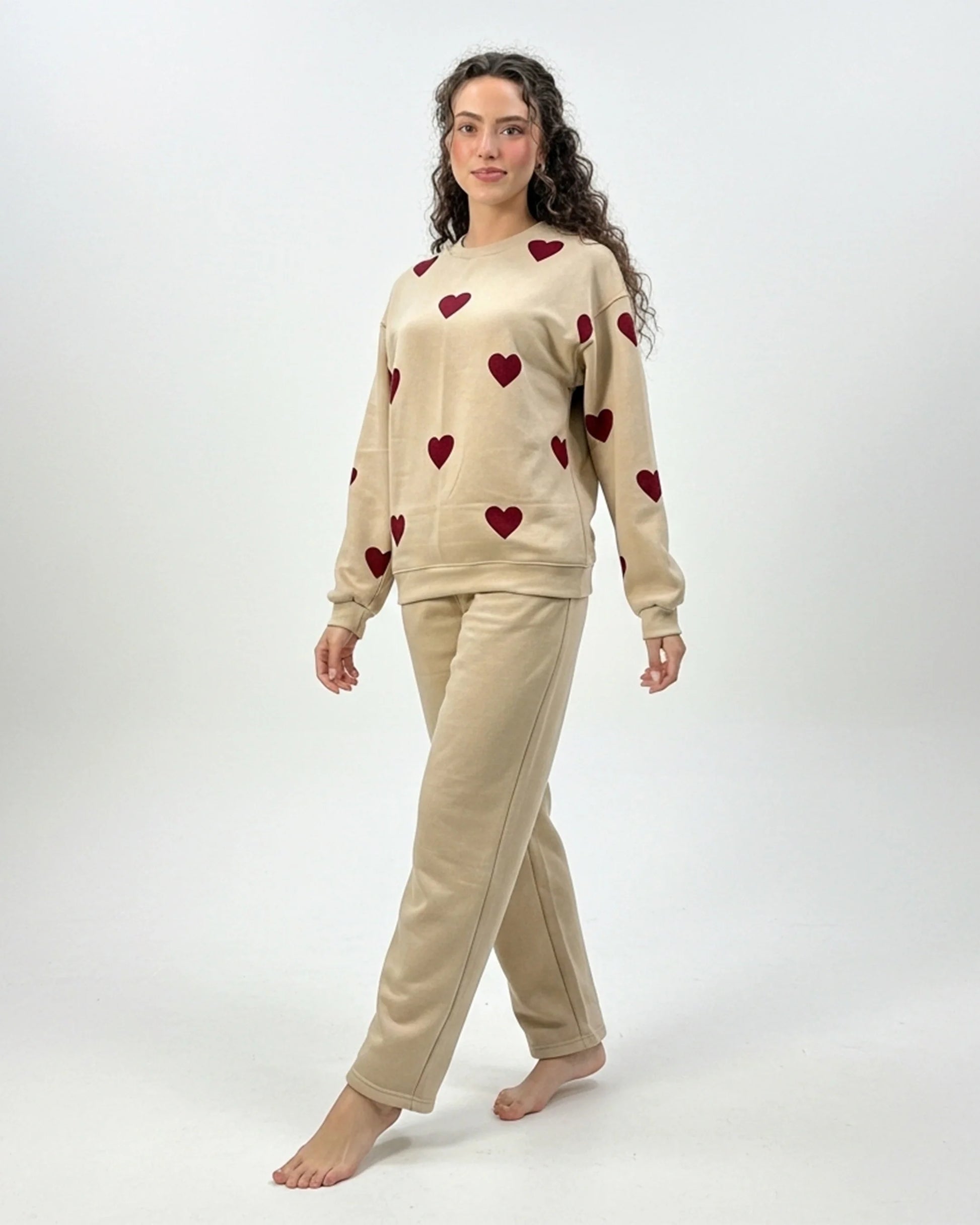 Buy Sajiero Fleece Pajama Set – Heart Cozy - Beige in Pakistan