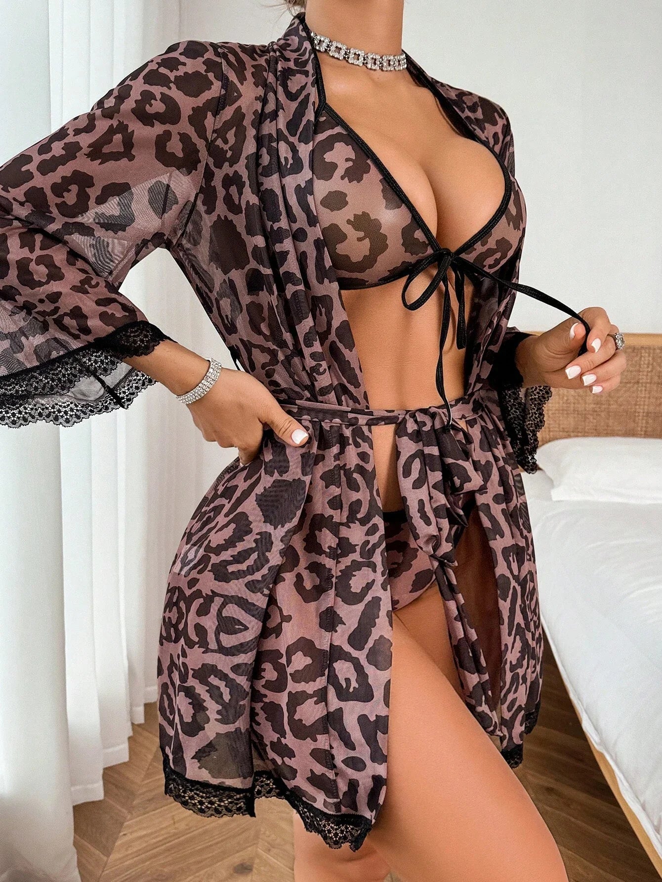 Buy SHEIN 4pcs Leopard Mesh Sexy Lingerie Set For Women in Pakistan