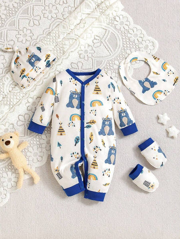 Buy SHEIN 4pcs/Set Baby Boys' Rainbow Bear Print Long Sleeve Romper, Hat, Bib, Mittens in Pakistan