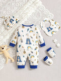 Buy SHEIN 4pcs/Set Baby Boys' Rainbow Bear Print Long Sleeve Romper, Hat, Bib, Mittens in Pakistan