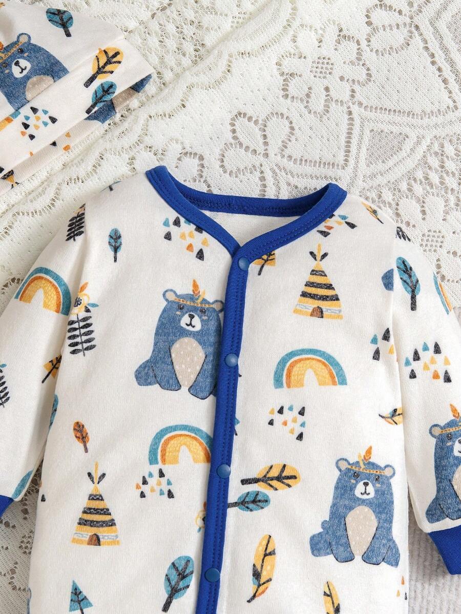 Buy SHEIN 4pcs/Set Baby Boys' Rainbow Bear Print Long Sleeve Romper, Hat, Bib, Mittens in Pakistan