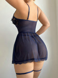 Buy SHEIN 4pcs Set: Lace & Mesh Splice Solid Color Camisole Nightgown With Underwire + Detachable Garter Leg Rings + Thong Panty in Pakistan