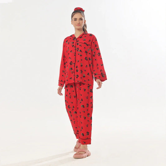 Buy Sajiero Cherry Linen Pajama Suit with Scrunchie in Pakistan