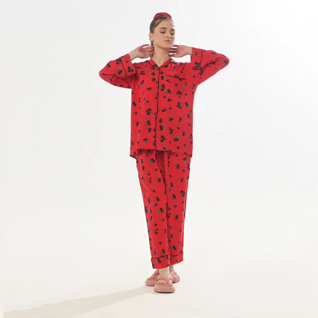 Buy Sajiero Cherry Linen Pajama Suit with Scrunchie in Pakistan
