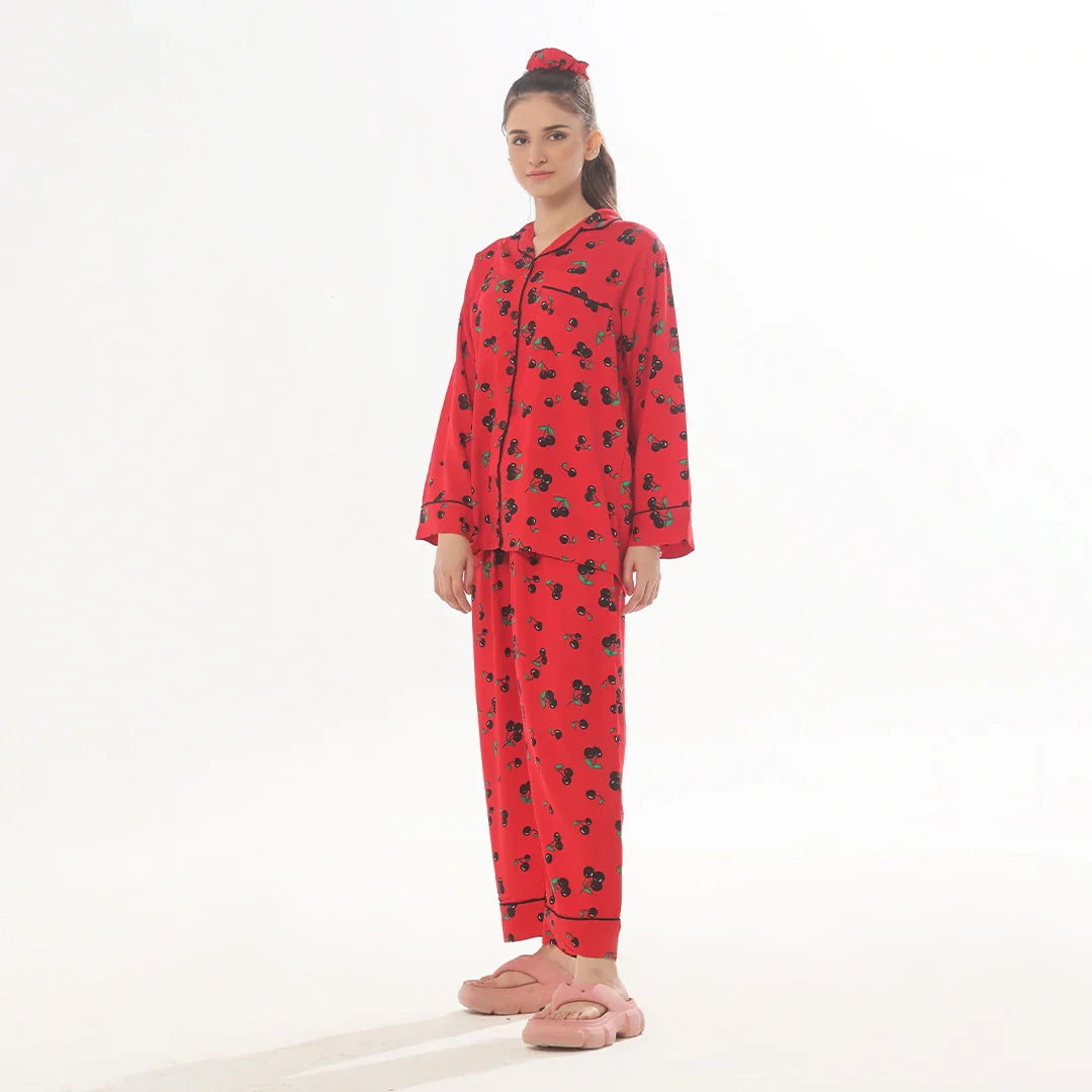 Buy Sajiero Cherry Linen Pajama Suit with Scrunchie in Pakistan