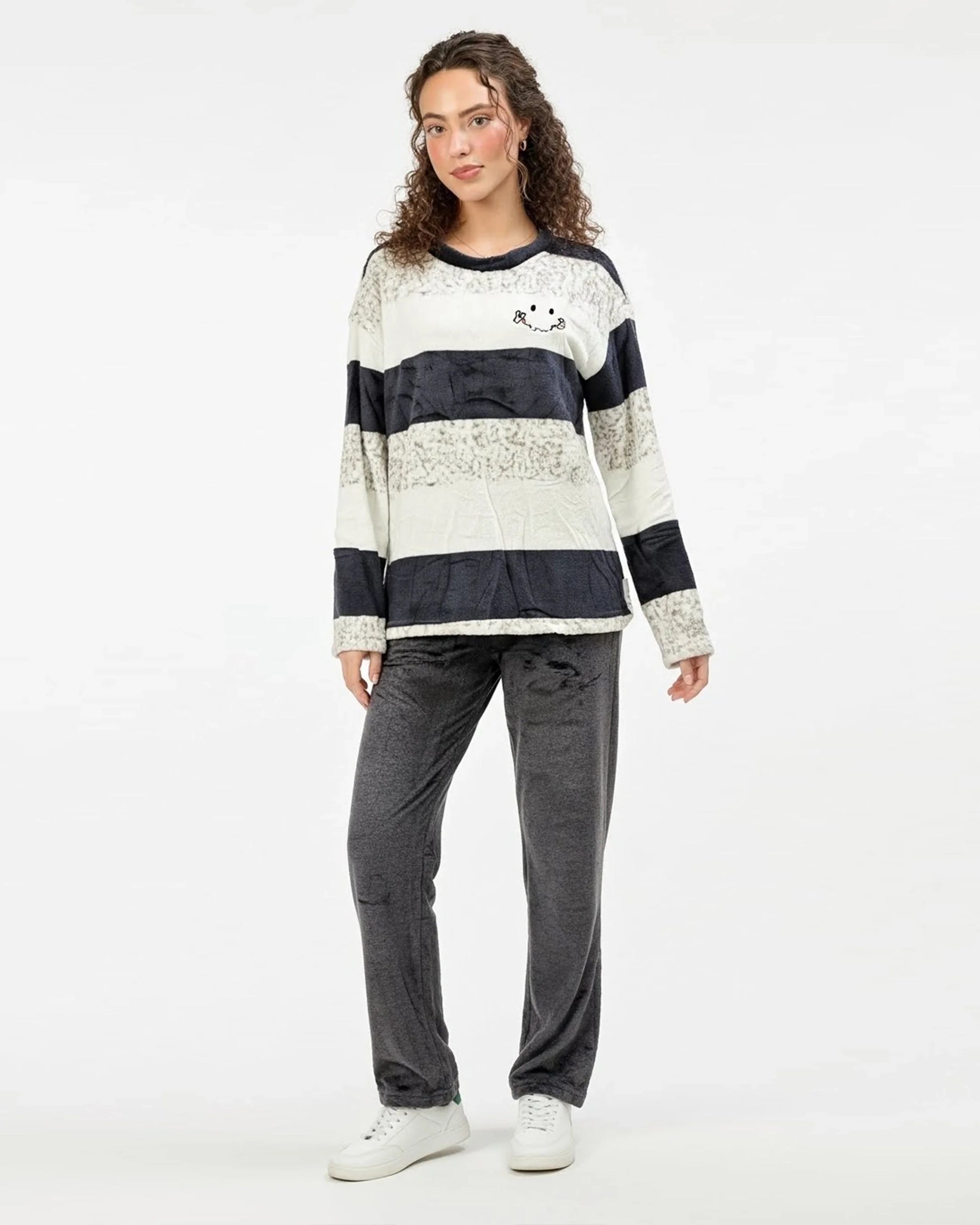 Buy Sajiero Black And White Stripes Fleece Pajama Suit in Pakistan