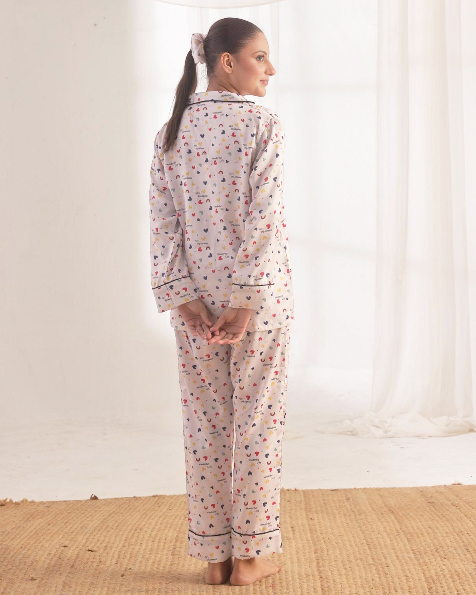 Buy Sajiero Silk Pajama Suit with Scrunchie - Joyful Hearts in Pakistan