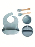 Buy SHEIN 5pcs Baby Feeding Set - Silicone Bib, Suction Bowl, Spoon, Fork, Suitable For Dishwasher in Pakistan