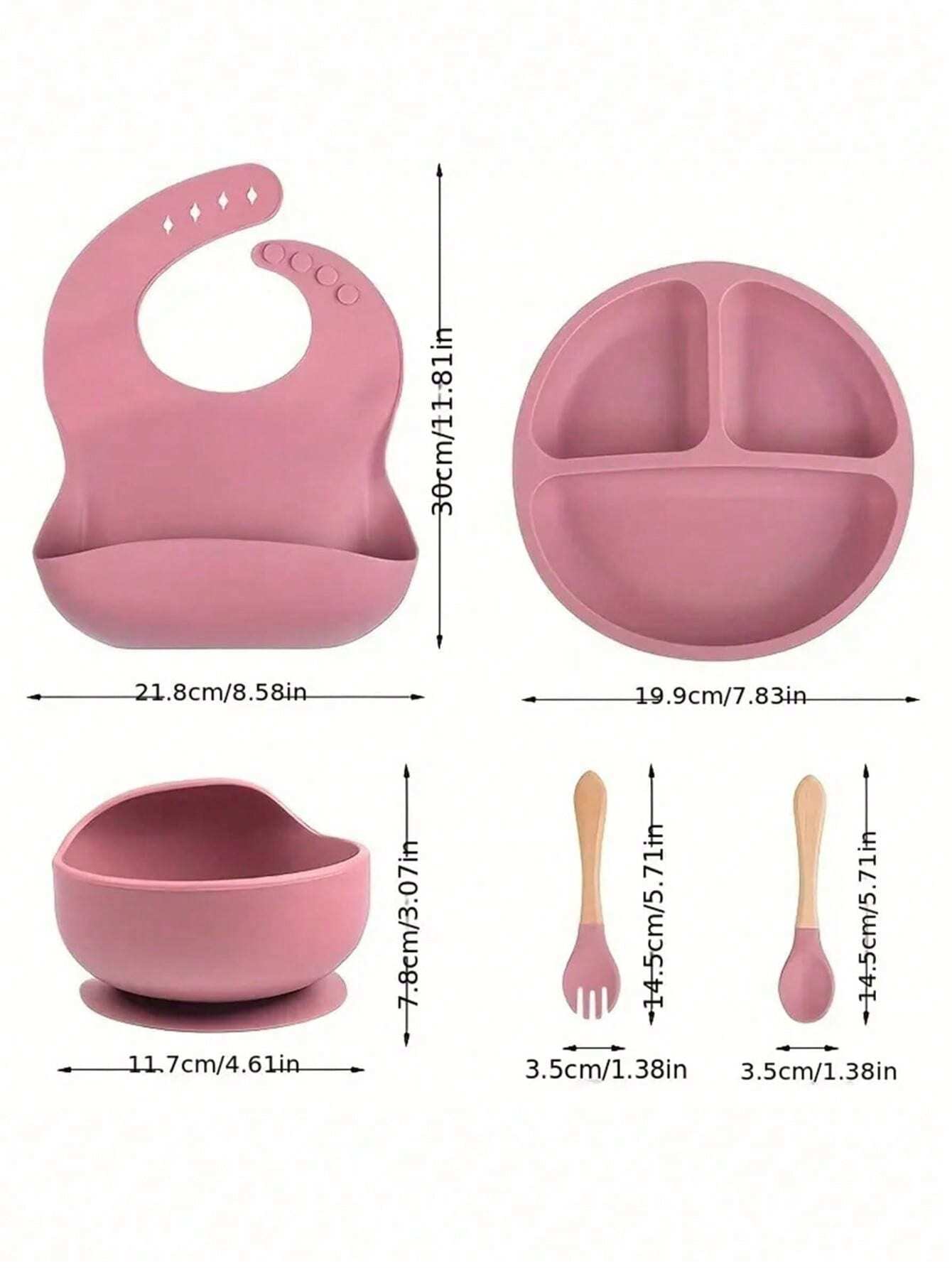 Buy SHEIN 5pcs Baby Feeding Set - Silicone Bib, Suction Bowl, Spoon, Fork, Suitable For Dishwasher in Pakistan