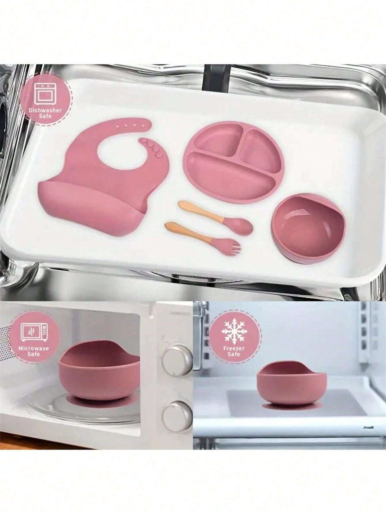 Buy SHEIN 5pcs Baby Feeding Set - Silicone Bib, Suction Bowl, Spoon, Fork, Suitable For Dishwasher in Pakistan