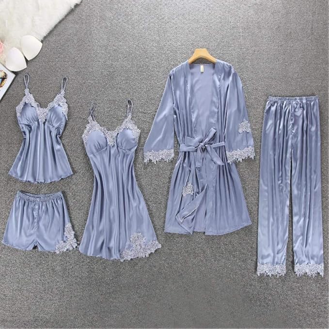 Buy Florea | 5pcs LONG SILK NIGHTY SET in Pakistan