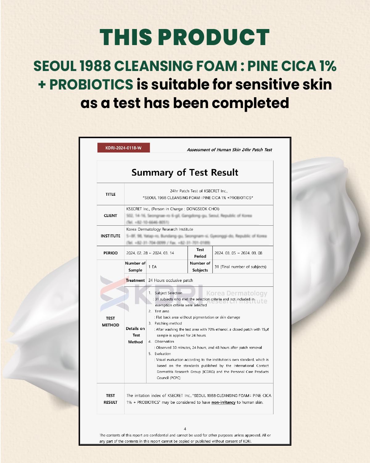 Buy K-Secret Seoul 1988 Pine Cica 1% + Probiotics Cleansing Foam -150ml in Pakistan