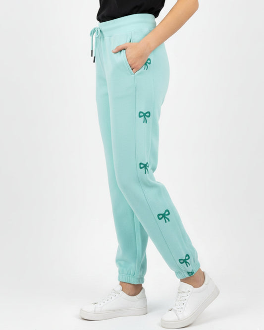 Buy Sajiero Fleece Trouser – Bow Print - Aqua Blue in Pakistan