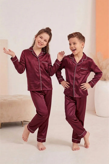 Buy Kid's Silk PJ Set - Maroon in Pakistan
