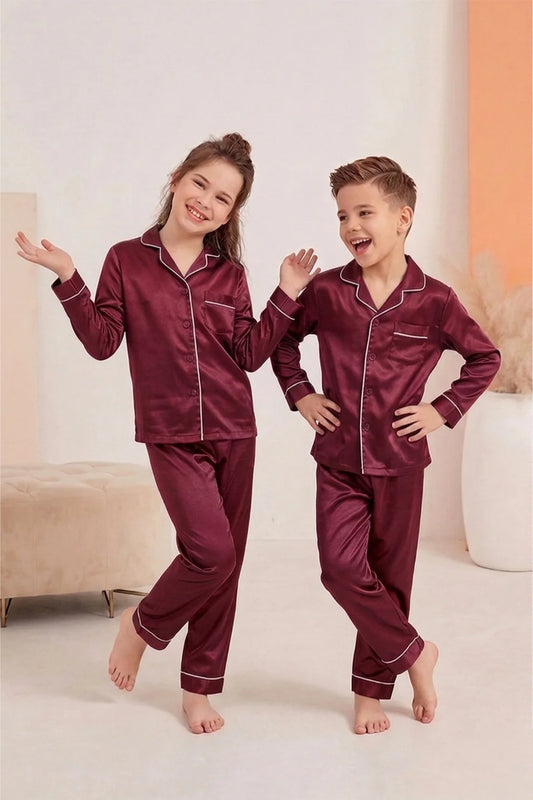 Buy Kid's Silk PJ Set - Maroon in Pakistan