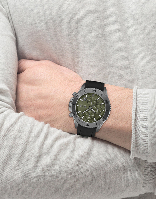 Buy Hugo Boss Gents Stainless Steel Case With Black Silicon Rubber Strap And Green Chronograph Dial Watch - 1513967 in Pakistan