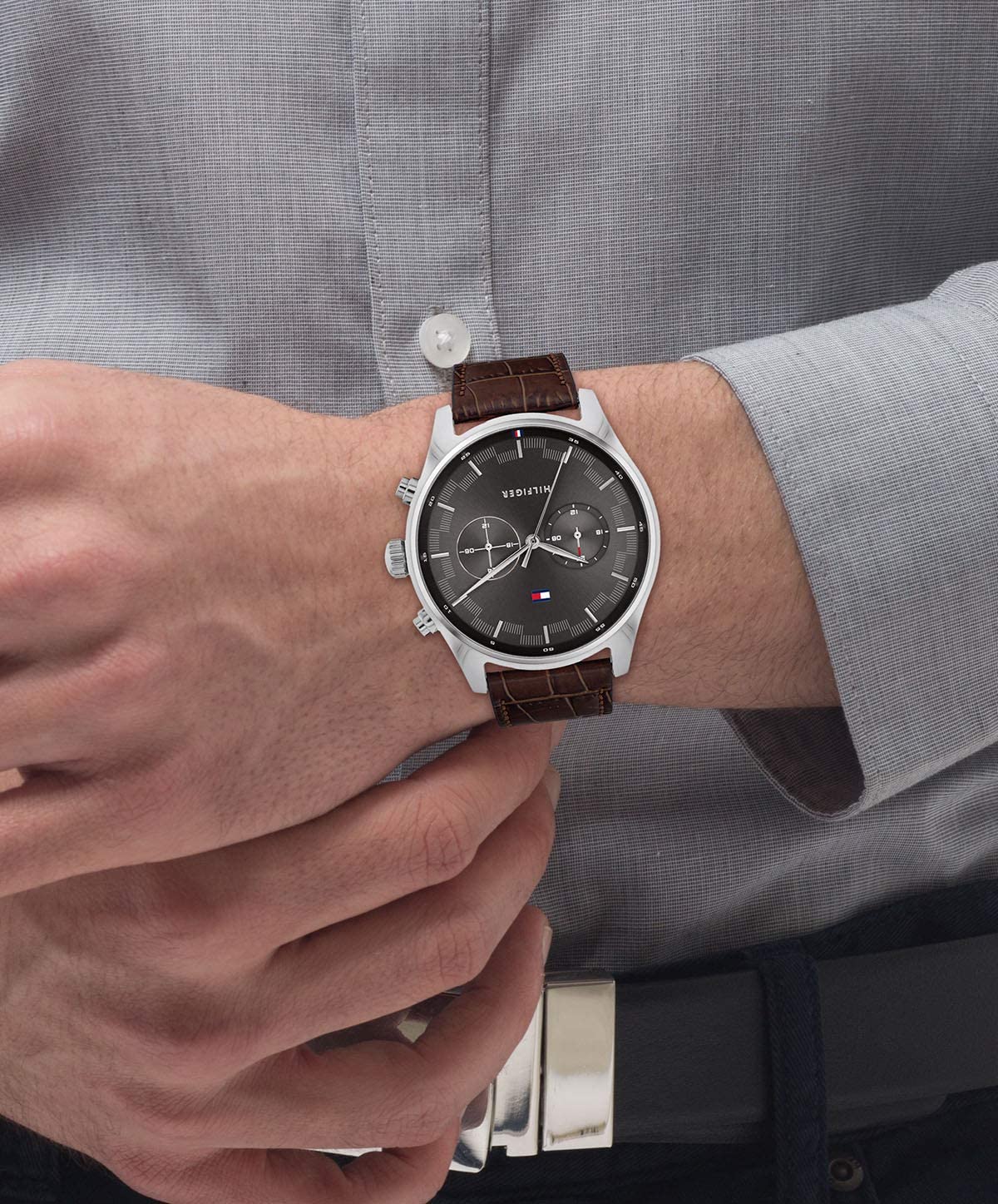 Buy Tommy Hilfiger Mens Quartz Leather Strap Grey Dial 44mm Watch - 1710422 in Pakistan