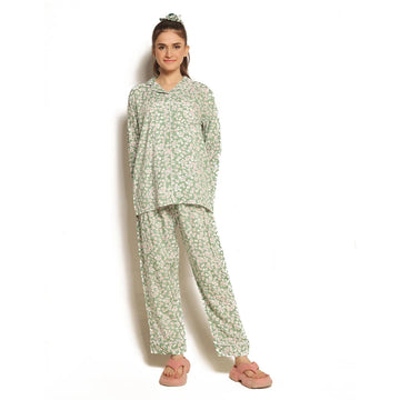 Buy Mint Bloom Linen Pajama Suit with Scrunchie in Pakistan