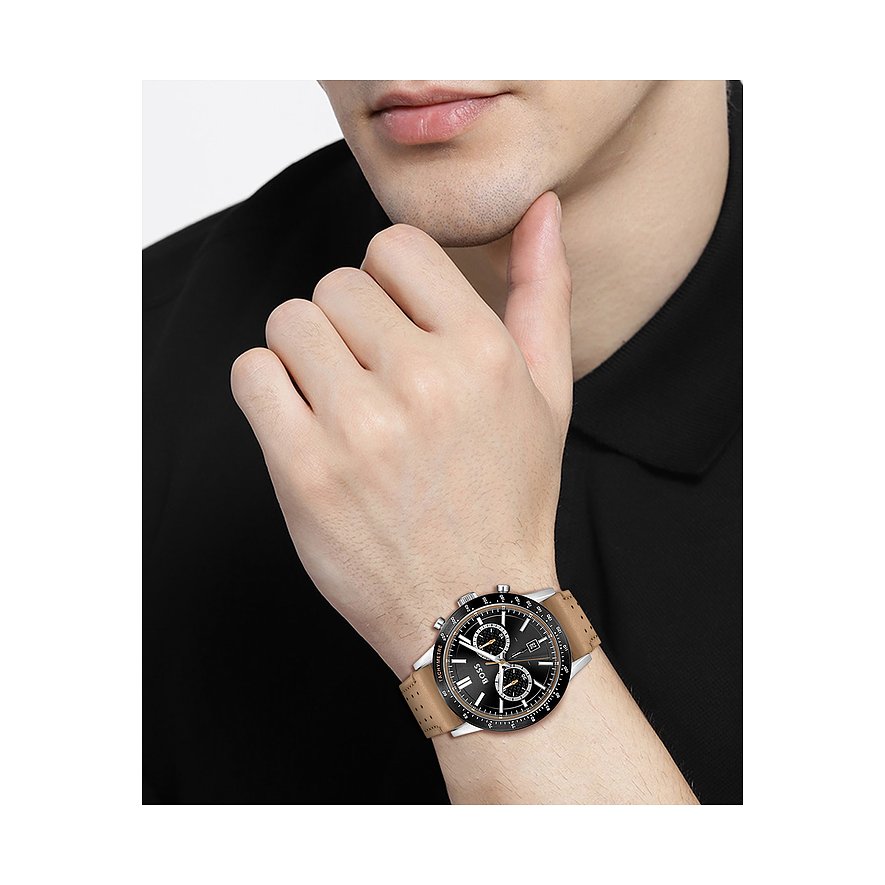 Buy Hugo Boss Mens Chronograph Quartz Leather Strap Black Dial 44mm Watch - 1513964 in Pakistan