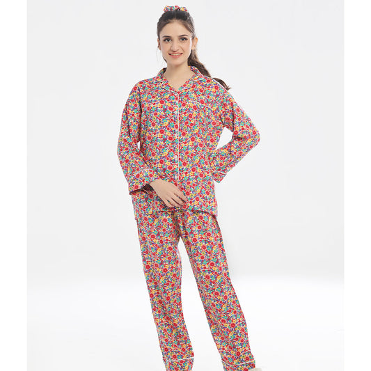 Buy Sajiero Linen Pajama Suit with Scrunchie - Chic Bloom in Pakistan