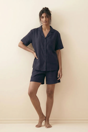 Linen Shortie Set - Navyblue