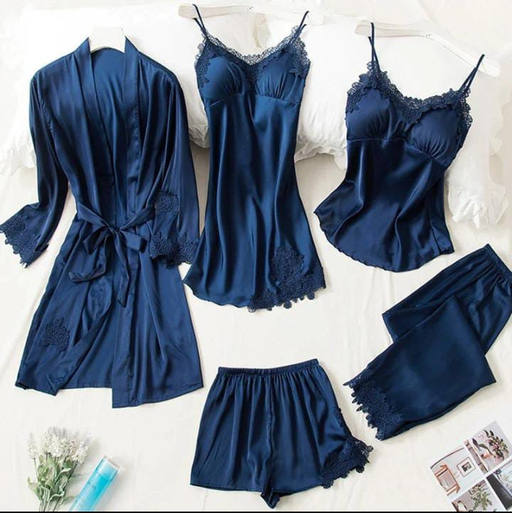 Buy Florea | 5pcs LONG SILK NIGHTY SET in Pakistan