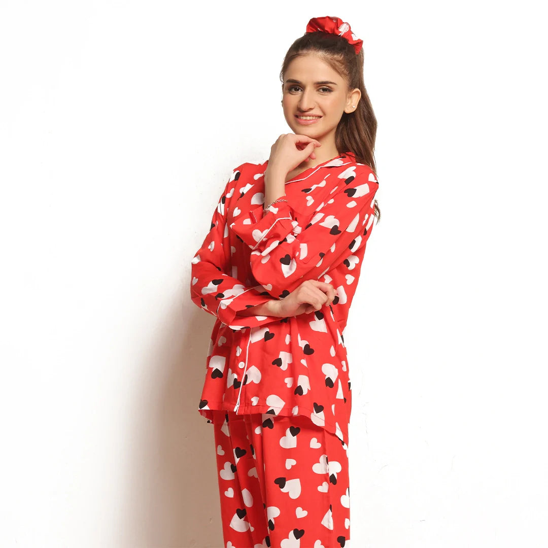 Buy Sajiero Sweetheart Red Linen Pajama Suit with Scrunchie in Pakistan