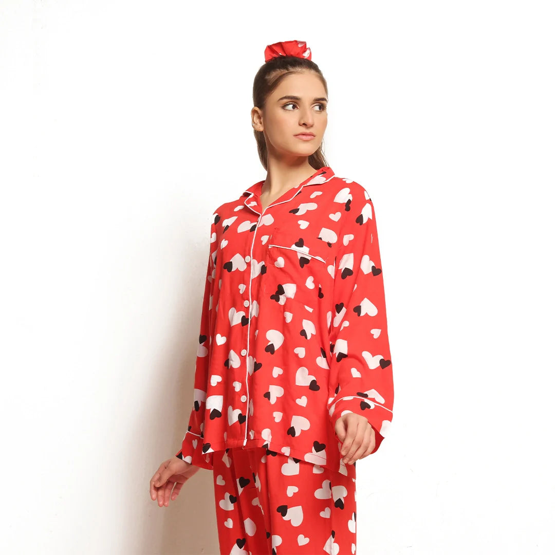 Buy Sajiero Sweetheart Red Linen Pajama Suit with Scrunchie in Pakistan