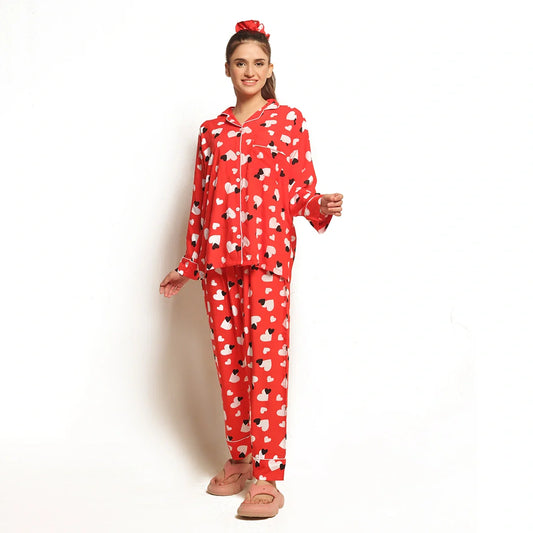 Buy Sajiero Sweetheart Red Linen Pajama Suit with Scrunchie in Pakistan