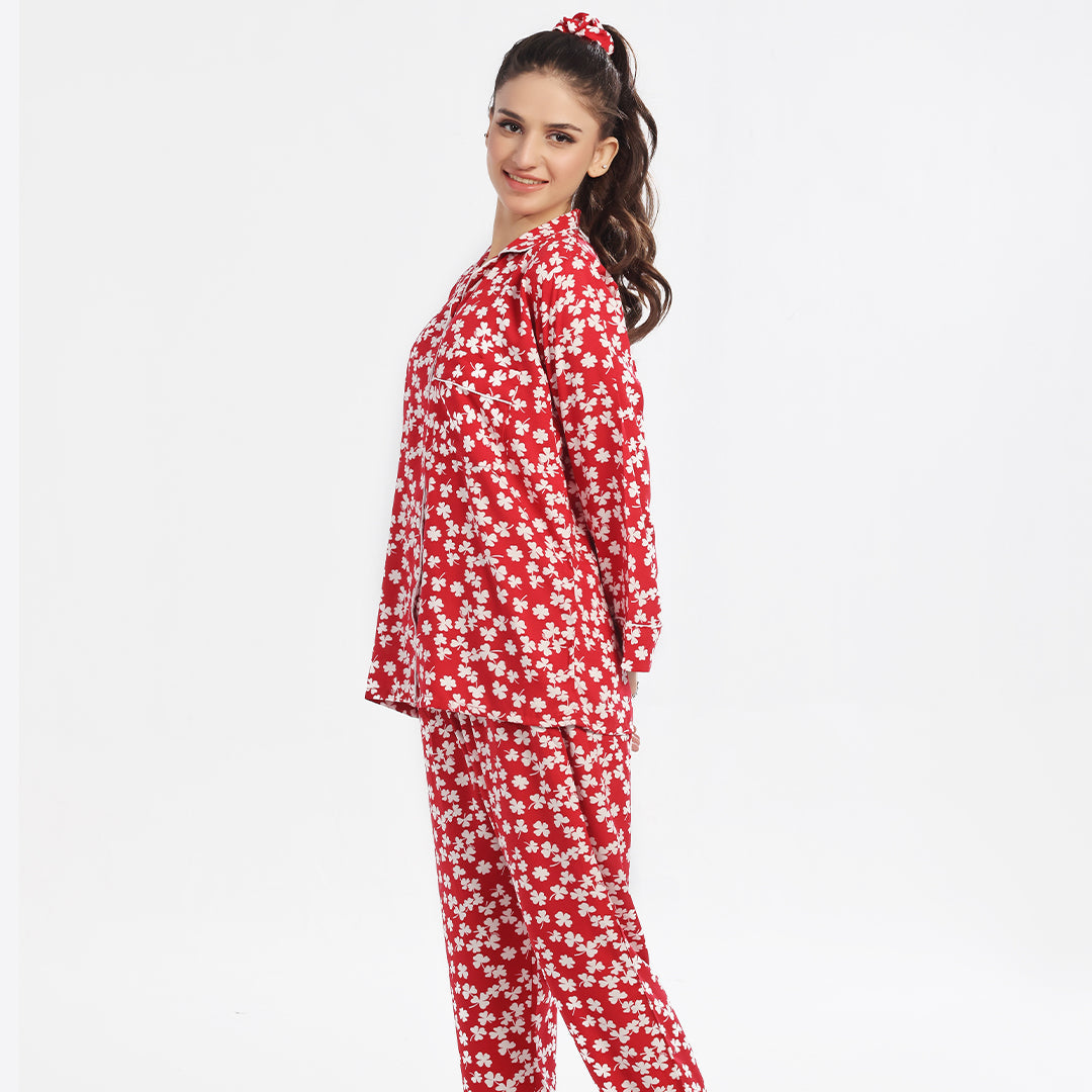 Buy Sajiero Autumn Red Linen Pajama Suit with Scrunchie in Pakistan