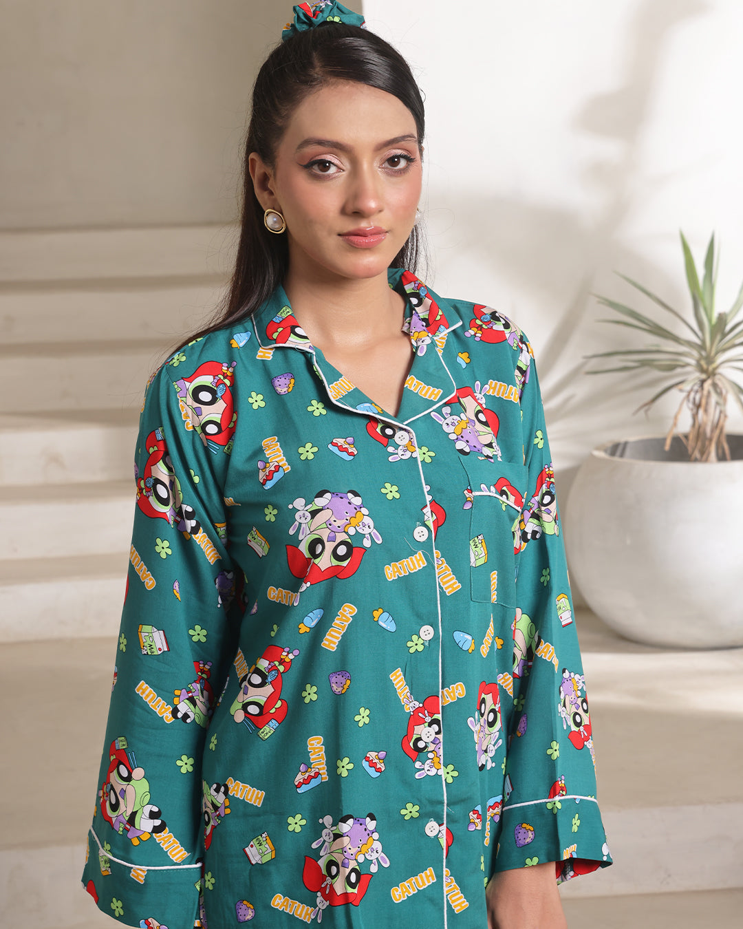 Buy Sajiero Linen Pajama Suit with Scrunchie - Green Vibe in Pakistan