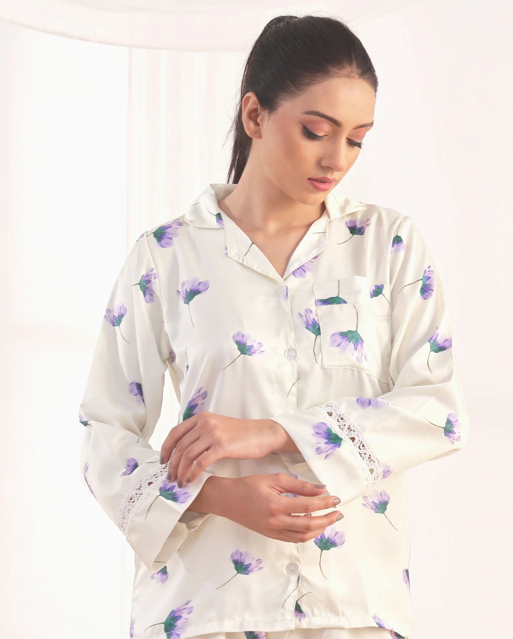 Buy Sajiero Silk Pajama Suit - Floral Haze in Pakistan