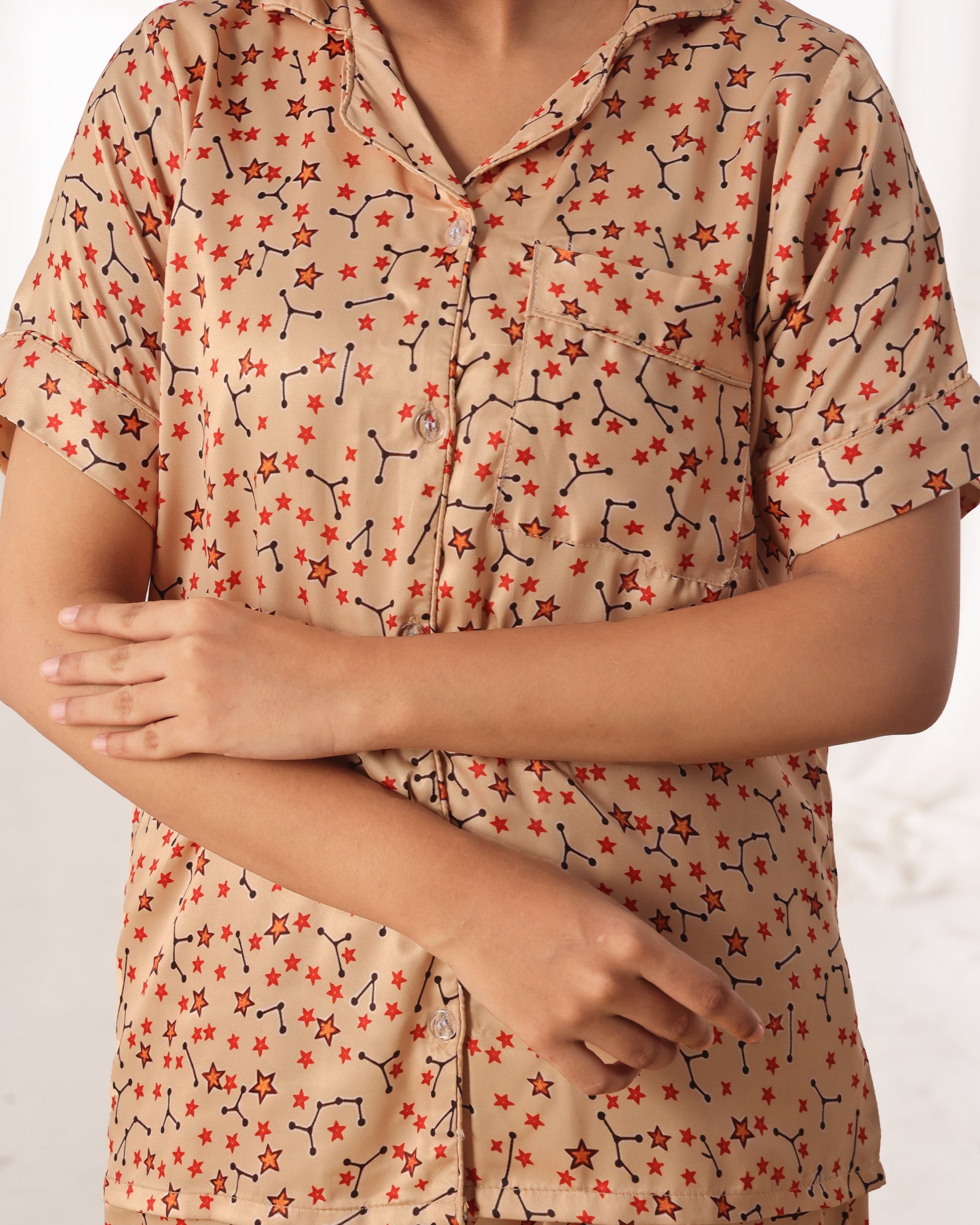 Buy Sajiero Silk Pajama Suit with Scrunchie - Starlight Dream in Pakistan